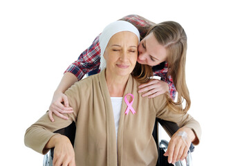 Smiling Caucasian daughter with elderly mother sitting on wheelchair and hugging together after chemotherapy. Elderly mother is suffering from cancer or Leukemia patient. Clip art and element