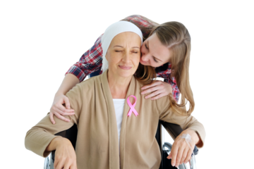 Smiling Caucasian daughter with elderly mother sitting on wheelchair and hugging together after chemotherapy. Elderly mother is suffering from cancer or Leukemia patient. Clip art and element