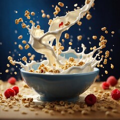 High-speed photography highlights the dynamic motion and freshness of the breakfast scene, resulting in a visually captivating and artistic image perfect for food-related advertising.