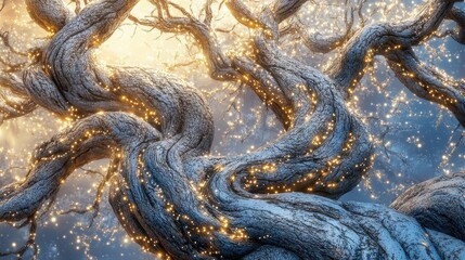 Old tree with glowing lights wrapping around its twisted branches