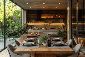Fototapeta premium salle à manger, arts de la table, vaisselle, intérieur 3D réaliste, HDR, photographie immobilière, décoration, tendance, architecte, design, mode, élégant, fonctionnel, chaleureux, repas, famille