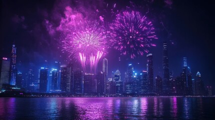 Night city skyline illuminated with purple fireworks reflecting on water.