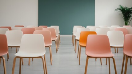 A modern interior featuring rows of pastel-colored chairs facing a green wall, creating a fresh and inviting atmosphere for gatherings or meetings.