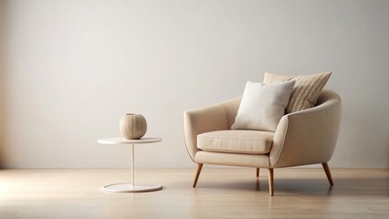 Minimalist Beige Armchair with Round Pillow on White Backdrop, Perfect for Interior Design Concepts and Blank Space for Text and Graphics in Stock Photography