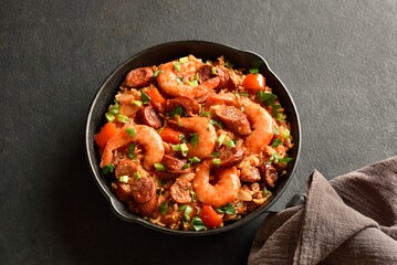 Creole style jambalaya with prawn, smoked sausages and vegetable