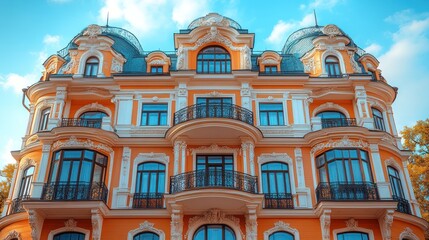 Fototapeta premium Elegant multi-story building with ornate architecture and balconies.
