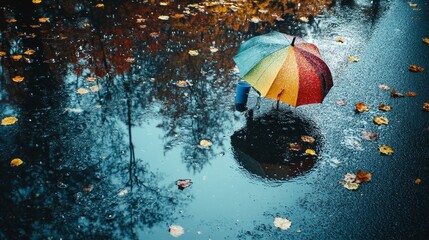 Gloomy autumn scene with raindrops and wet asphalt, featuring a colorful umbrella and rubber boots reflecting in a puddle.
