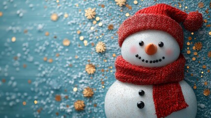 Fototapeta premium Cute Snowman with Red Scarf and Hat. Generative AI