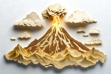 Paper-Cut Kintsugi Origami Japandi Volcano Mountain Eruption with Smoke and Clouds Silhouette