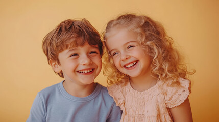 Two joyful children smiling together against a warm yellow background, capturing a moment of friendship and happiness on a sunny day
