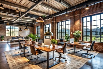 Fototapeta premium Modern Loft-Style Open Office Featuring Industrial Design Elements and Spacious Layout Perfect for Urban Exploration Photography