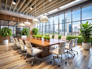 Modern Meeting Room with White Chairs, Large Windows, and Potted Plants for Professional Gatherings in a Bright and Airy Atmosphere