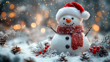 Snowman wearing santa hat and scarf enjoying winter wonderland