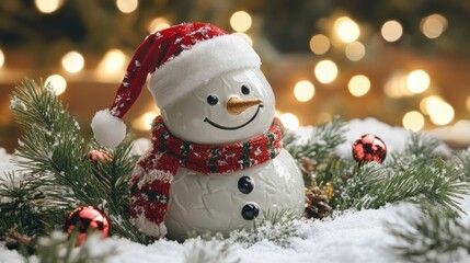 Snowman wearing santa hat and scarf celebrating christmas with festive lights