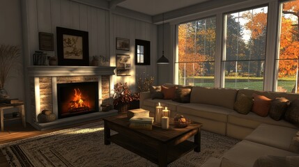 Fototapeta premium Cozy Living Room with Fireplace, Autumn View, and Rustic Decor