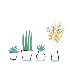 Hand painted watercolor succulents in white pots. Flowers in a vase. Clipart cute potted plants drawing. Yellow orchids.