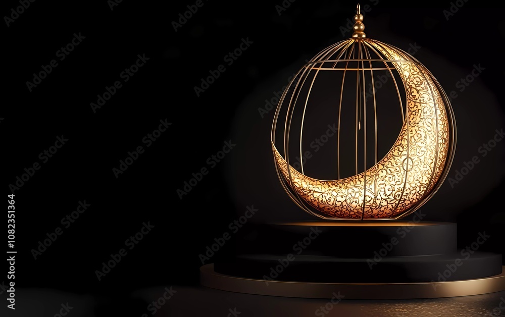 Fototapete 3D rendering of a golden Islamic Ramadan Kareem lantern and crescent moon with a podium display background for product presentation, with copy space on the right side