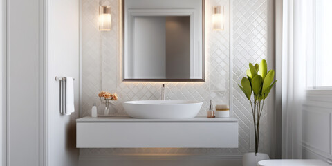 Fototapeta premium Sparkle and luxury bathroom. Elegant bathroom with modern sink and decorative plant