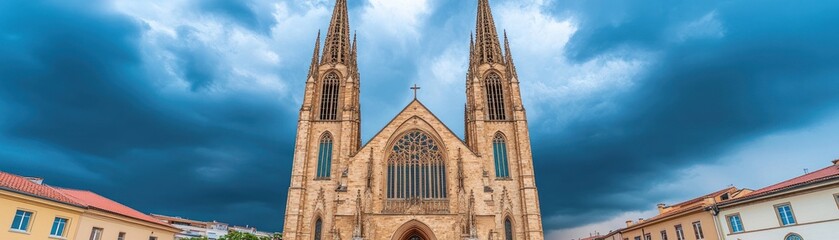 Obraz premium A grand Gothic cathedral under a dramatic sky, showcasing architectural beauty and history.