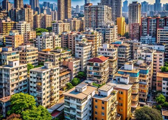 Fototapeta premium Overcrowded Urban Landscape with High-Density Residential Buildings and Clear Copy Space for Text, Capturing the Essence of City Life and Architecture in a Vibrant Metropolis