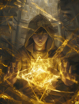 An young wizard in an open hoodie holds the golden triangle with runes, surrounded by glowing symbols and lines of light from his hands, creating mysterious effects on him, Generative AI
