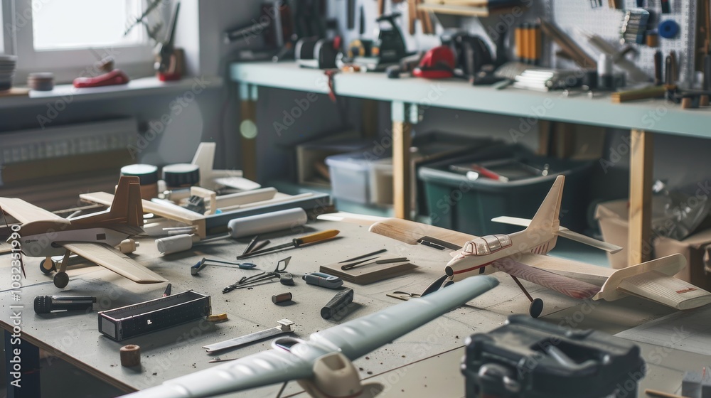 Poster a peaceful model airplane setup in a spacious garage, model airplane parts and tools neatly placed, 