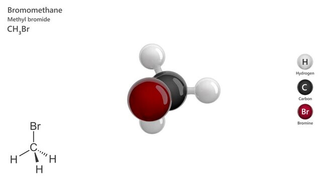 Bromomethane or methyl bromide. Fumigant. Animated 3D model of a molecule. Molecular formula: CH3Br. Chemical model: Ball and sticks. White background. 3D rendering. Seamless loop.