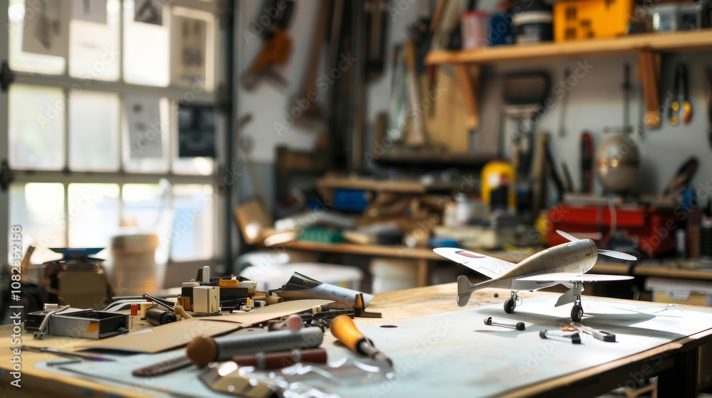 Poster a peaceful model airplane setup in a spacious garage, model airplane parts and tools neatly placed, 