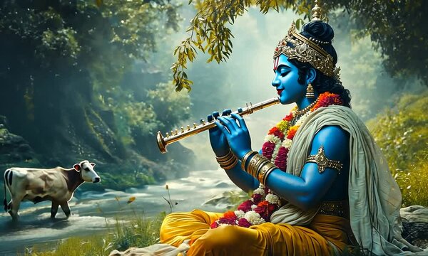 A blue-skinned man wearing a yellow and white robe and a crown plays a flute while sitting in the forest by a stream.  Two cows are in the water below him.