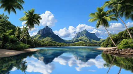 Idyllic Tropical Beach Palm Trees Mountains Clear Water Paradise
