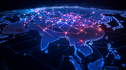 An advanced cyber-tech map of Asia with a network of bright, interconnected nodes representing data transfer and digital communication across regions, in a futuristic style.