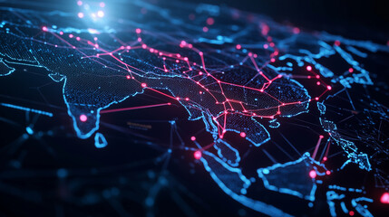 Fototapeta premium An advanced cyber-tech map of Asia with a network of bright, interconnected nodes representing data transfer and digital communication across regions, in a futuristic style.