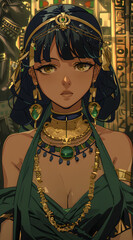 Fototapeta premium A beautiful illustration of an Egyptian girl. She is ancient Egyptian and has long black hair with bangs and wearing earrings made from beads and gold necklaces around her neck, Generative AI 