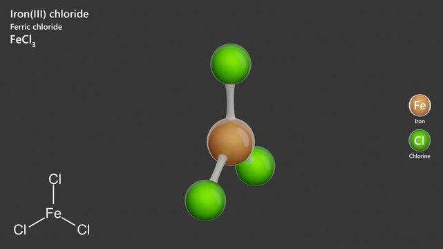 Iron(III) Chloride. Animated 3D model of a molecule. Molecular formula: FeCl3. Chemical model: Ball and sticks. Gray background. 3D rendering. Seamless loop.