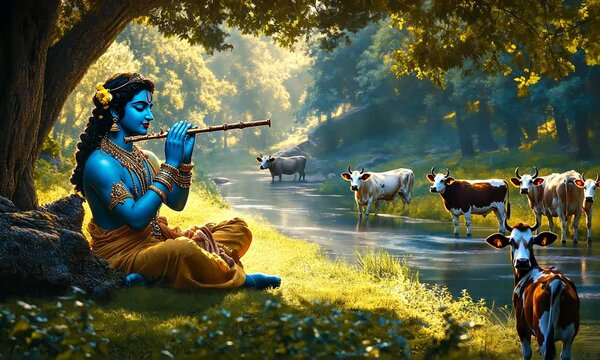 A blue-skinned man plays a flute while sitting under a tree, surrounded by cows by a river in a lush green forest.