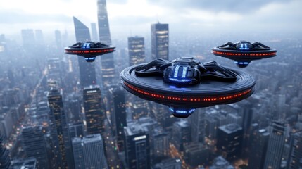 Futuristic UFOs Hovering Over Cityscape Sci Fi Scene