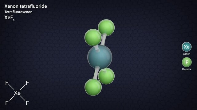 Xenon Tetrafluoride. Animated 3D model of a molecule. Molecular formula: XeF4. Chemical model: Ball and sticks. Dark background. 3D rendering. Seamless loop.