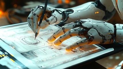 An android artist skillfully draws on a cutting-edge tablet in a futuristic workshop setting