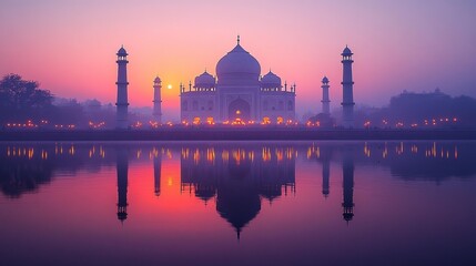 Taj Mahal at Sunrise Reflected in the Water. Generative AI