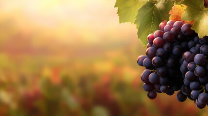 Naklejka premium A full, ripe bunch of Cabernet Franc grapes with a mix of mature colors, surrounded by green leaves, set against a blurred vineyard scene with space for text.