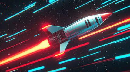 rocket space trajectory. Futuristic rocket soaring through space with vibrant light trails