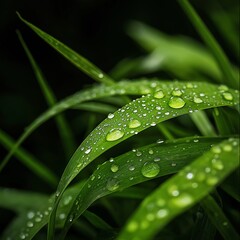 Naklejka premium Macro shot of fresh green leaves covered in dewdrops in the morning.