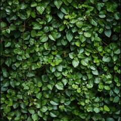 Close-up of a wall of green leaves forming a textured natural background.