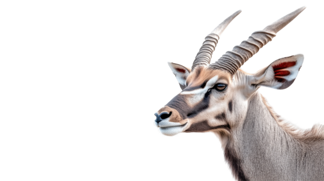 The oryx displays its striking features, including long curved horns and distinctive markings, standing prominently against a plain backdrop, emphasizing its natural beauty