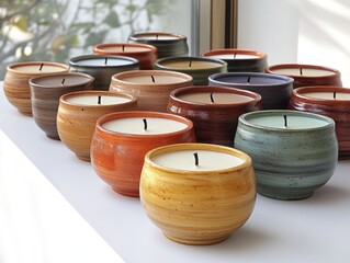 Fototapeta premium Colorful aromatic candles for aromatherapy, Collection of colorful handcrafted scented candles with natural light and floral accents, AI generated