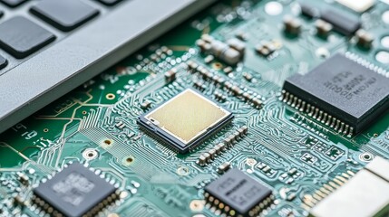The trade war is affecting global exports,A close-up view of a circuit board showing various electronic components, highlighting intricate details and the connection between technology and design.