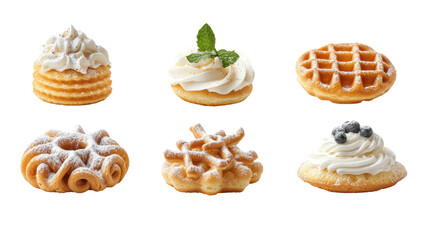 A vibrant collection of unique sweet treats features different shapes and toppings, including whipped cream, mint leaves, and powdered sugar, perfect for dessert lovers