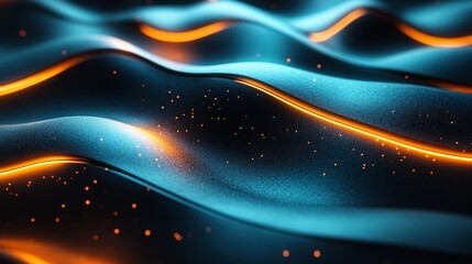 Obraz premium Orange light trails flow over blue abstract waves, creating a dynamic visual with a blend of technology and artistry