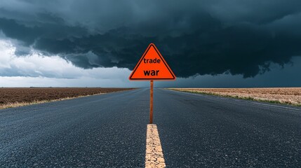 The trade war is affecting global exports,A stark orange warning sign reading "ROAD WAR" stands alone on a deserted road under dark stormy skies.
