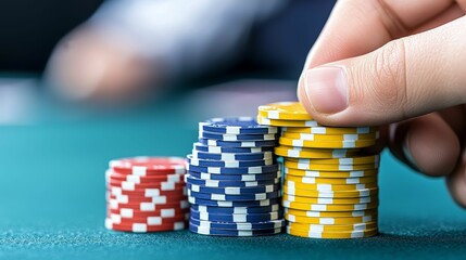 Naklejka premium The trade war is affecting global exports,A close-up of a hand stacking colorful poker chips on a green gaming table, showcasing a vibrant casino atmosphere.